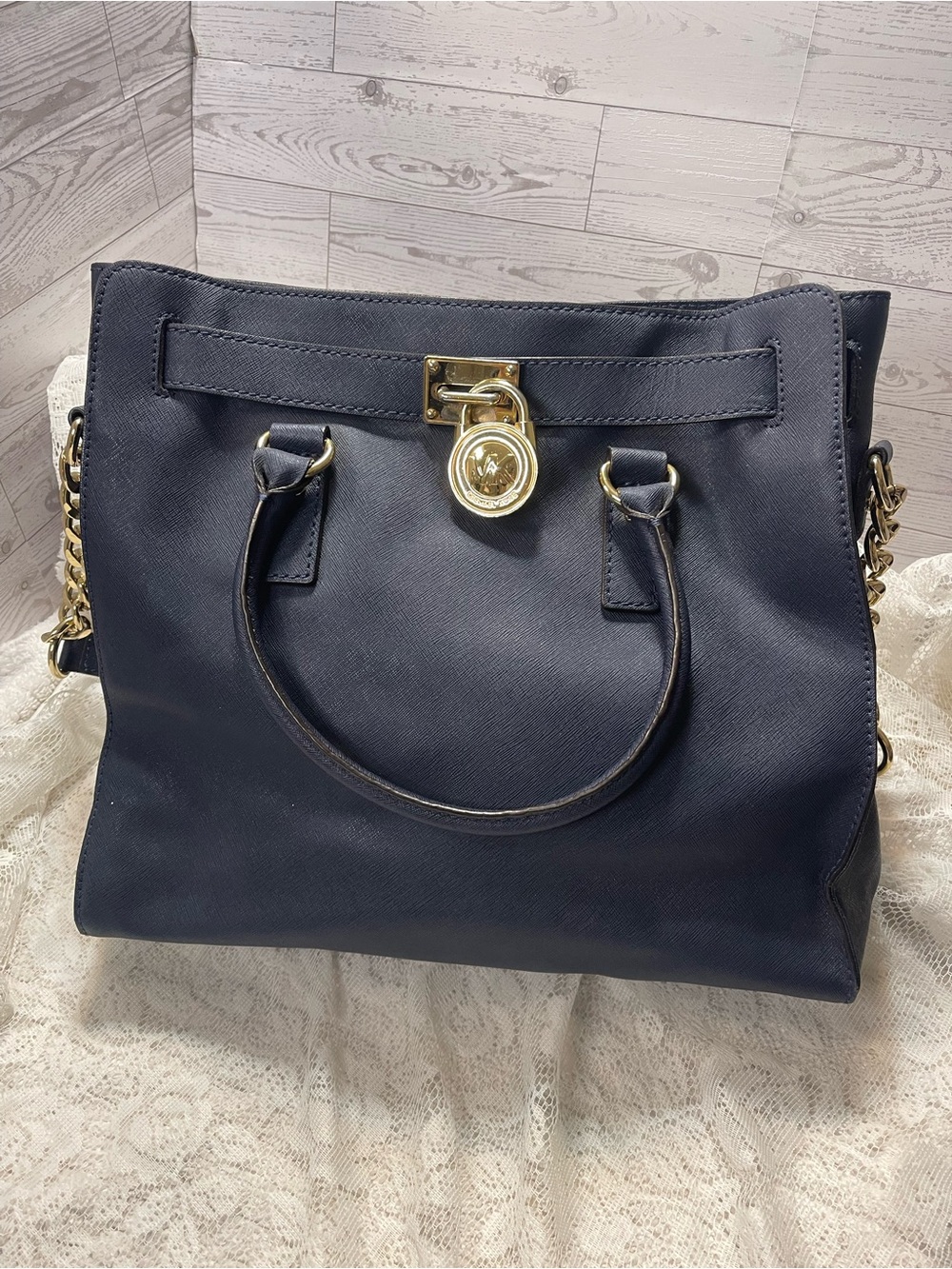 Authentic Michael Kors Blue Hamilton Saffiano Leather Satchel Handbag